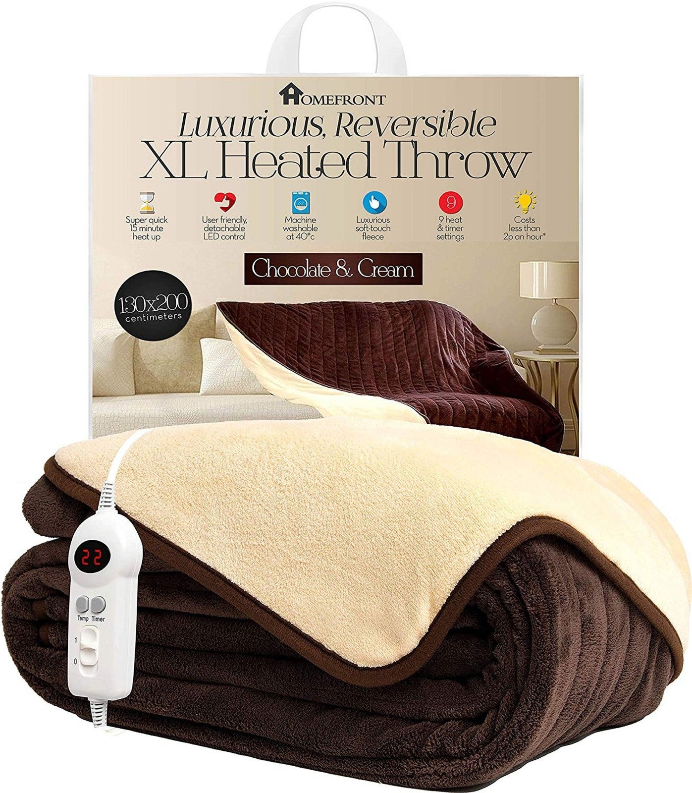 Homefront Heated Throw Electric over Bed Blanket XL Luxurious Fleece Washable