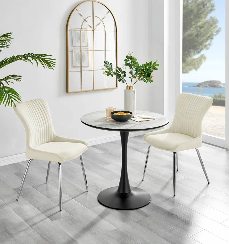 Eubanks 80cm Round Dining Table with White Marble Effect and 2 Velvet Chairs