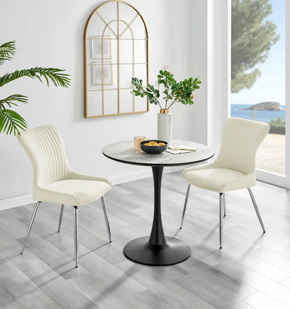 Eubanks 80cm Round Dining Table with White Marble Effect and 2 Velvet Chairs