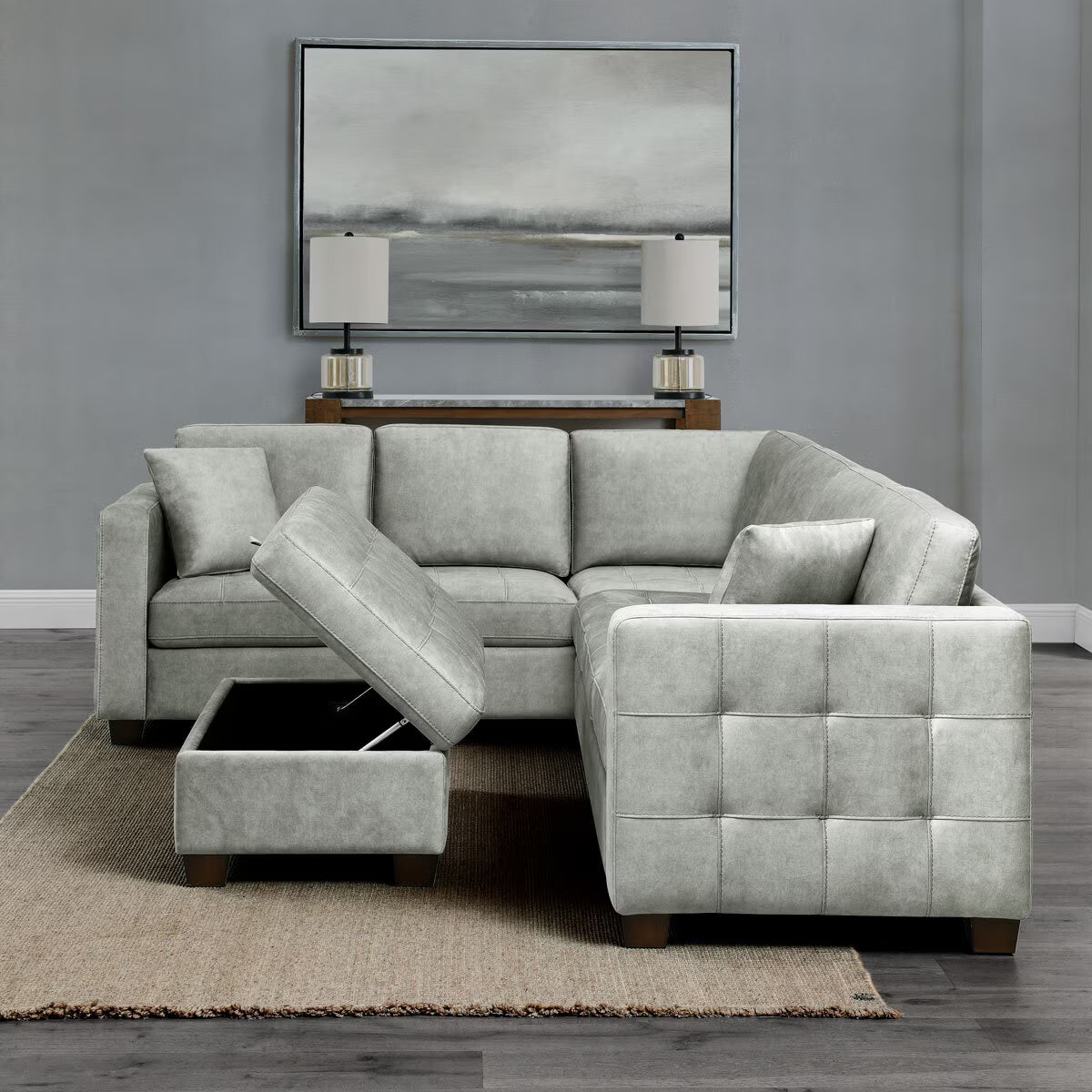 Kylie Grey Fabric Sectional Sofa with Storage Ottoman