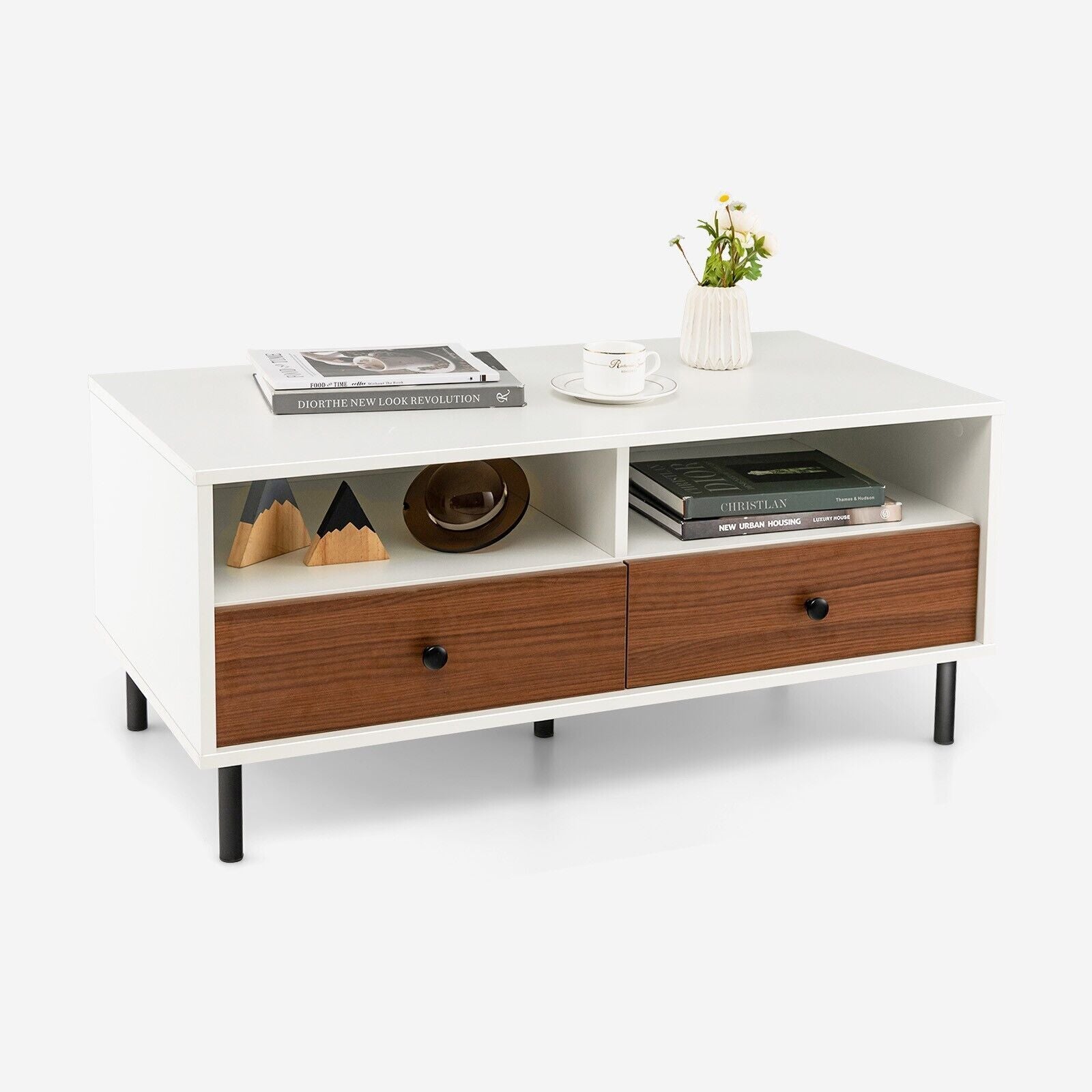 Modern Coffee Table Rectangle Side Table Woode Tea Table W/2 Drawers & 2 Shelves