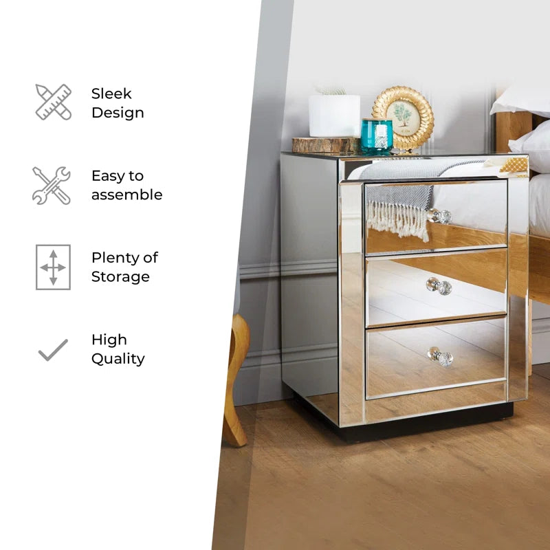 Malo Luxury Modern Mirrored Bedside Cabinet with Three Drawers