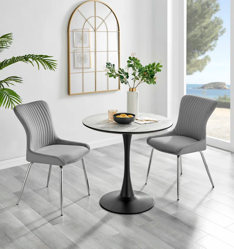 Eubanks 80cm Round Dining Table with White Marble Effect and 2 Velvet Chairs