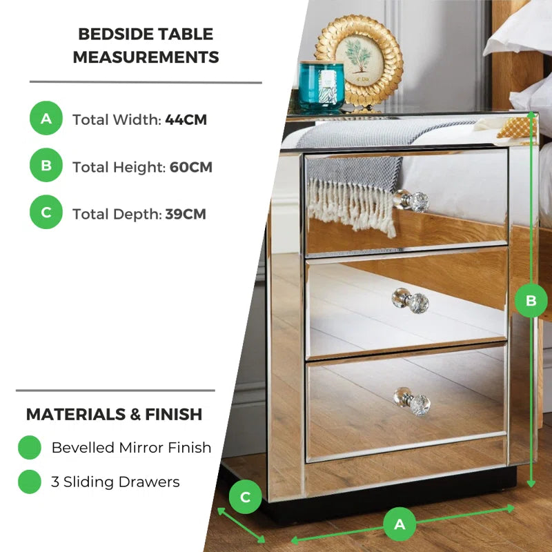 Malo Luxury Modern Mirrored Bedside Cabinet with Three Drawers