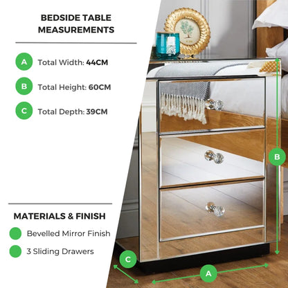 Malo Luxury Modern Mirrored Bedside Cabinet with Three Drawers