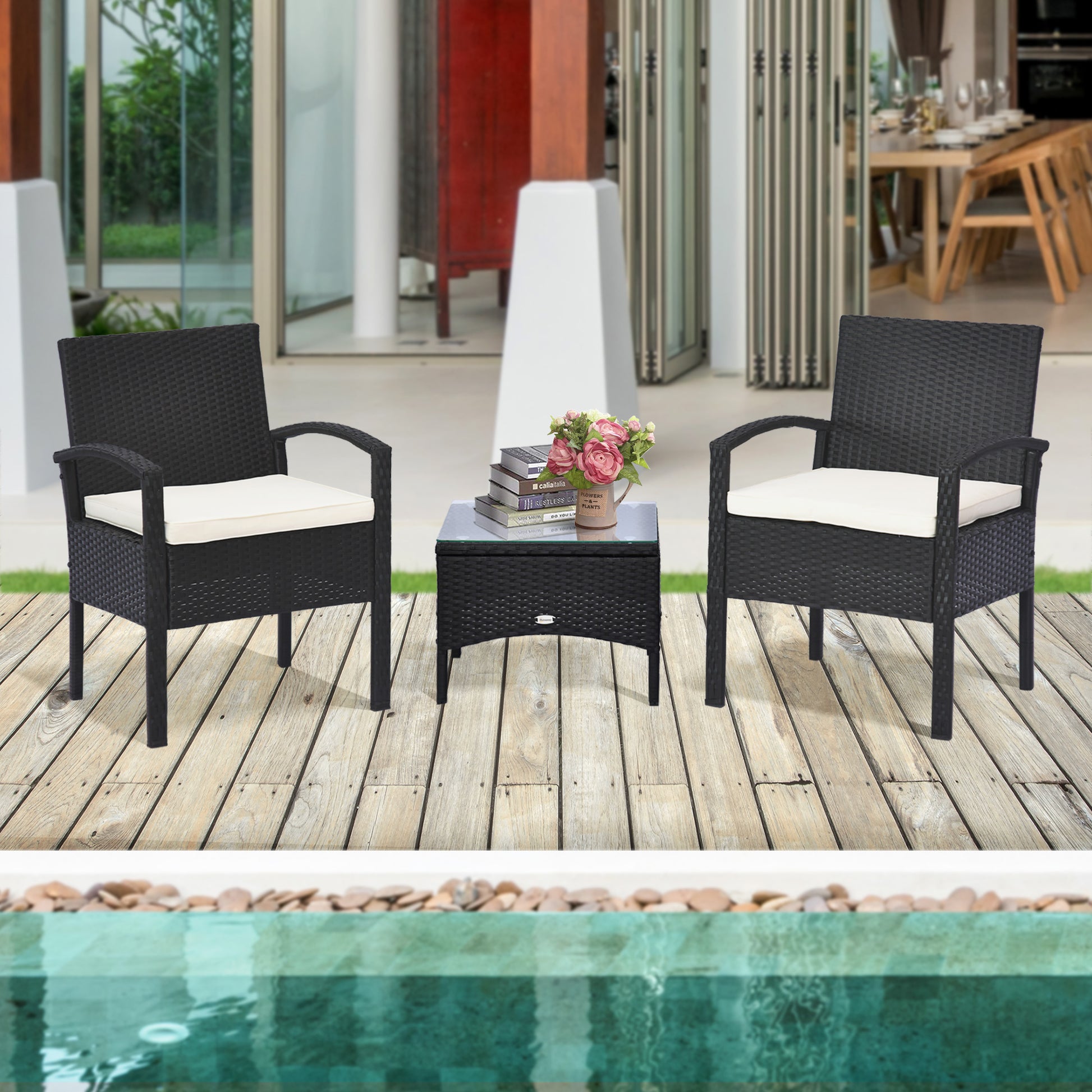 Rattan Bistro Set, 3 Pieces Garden Furniture Set with Cushions