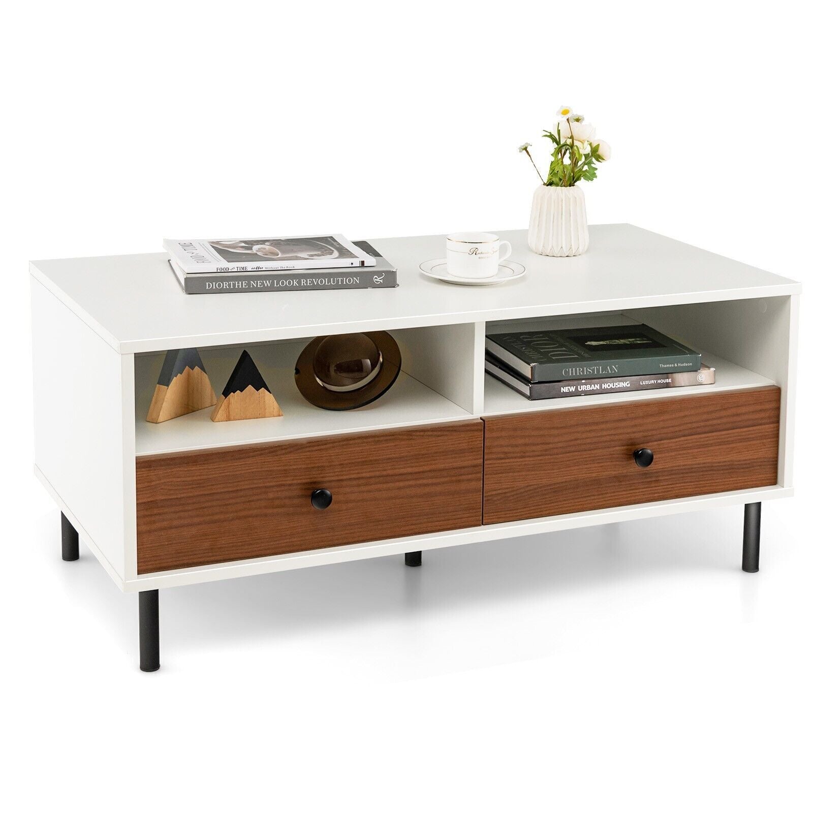 Modern Coffee Table Rectangle Side Table Woode Tea Table W/2 Drawers & 2 Shelves