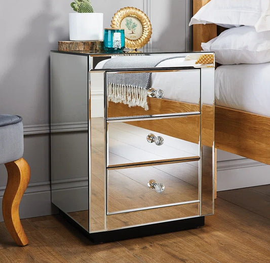 Malo Luxury Modern Mirrored Bedside Cabinet with Three Drawers
