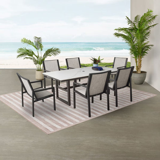 7 Piece Sling Dining Patio Set with Sintered Stone Table Top + Cover