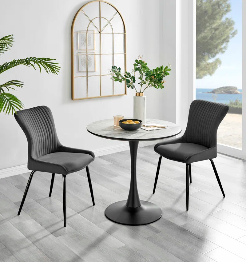 Eubanks 80cm Round Dining Table with White Marble Effect and 2 Velvet Chairs