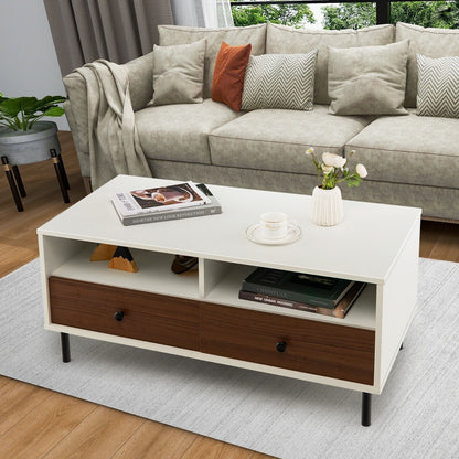 Modern Coffee Table Rectangle Side Table Woode Tea Table W/2 Drawers & 2 Shelves