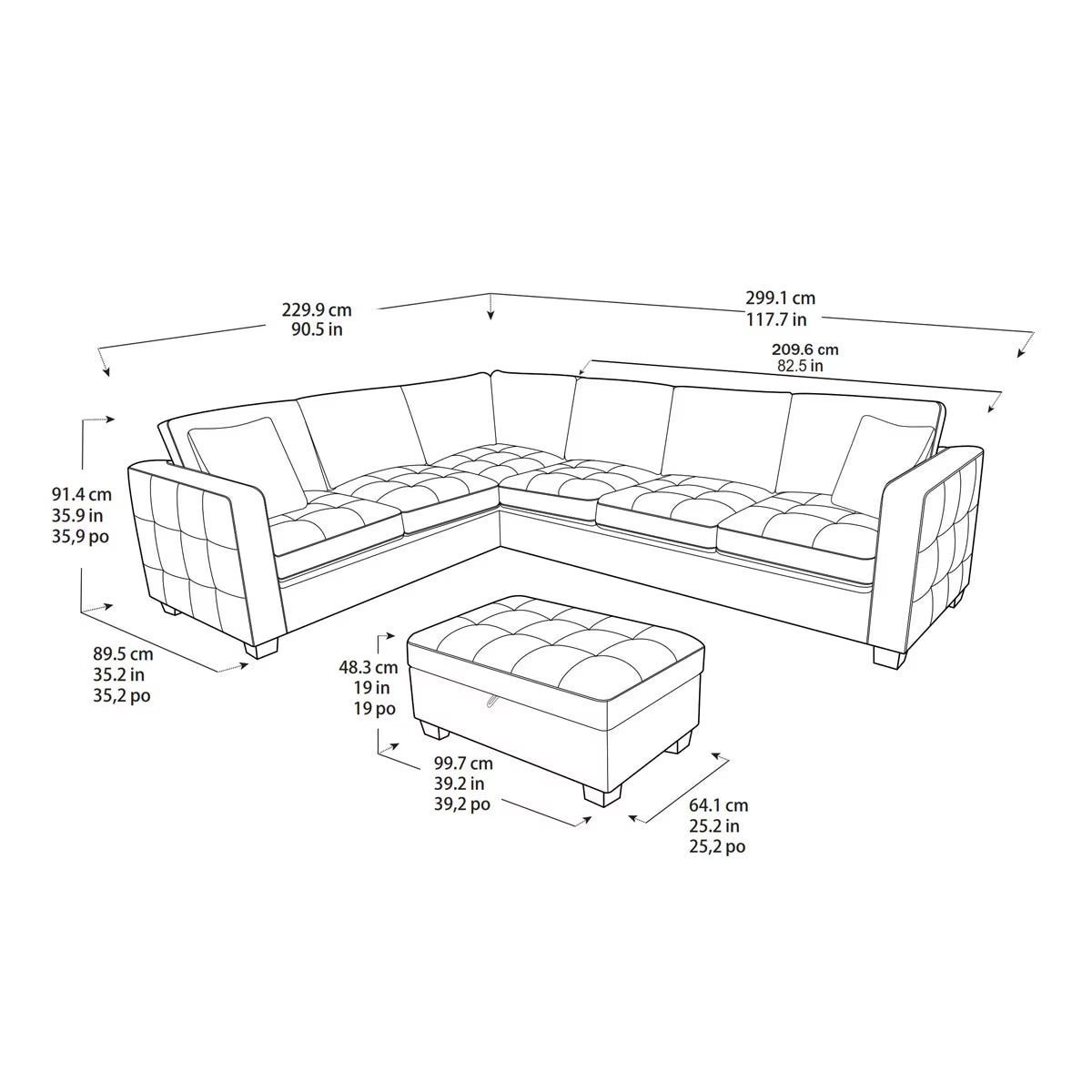 Kylie Grey Fabric Sectional Sofa with Storage Ottoman