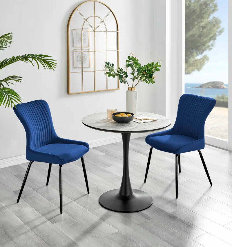 Eubanks 80cm Round Dining Table with White Marble Effect and 2 Velvet Chairs