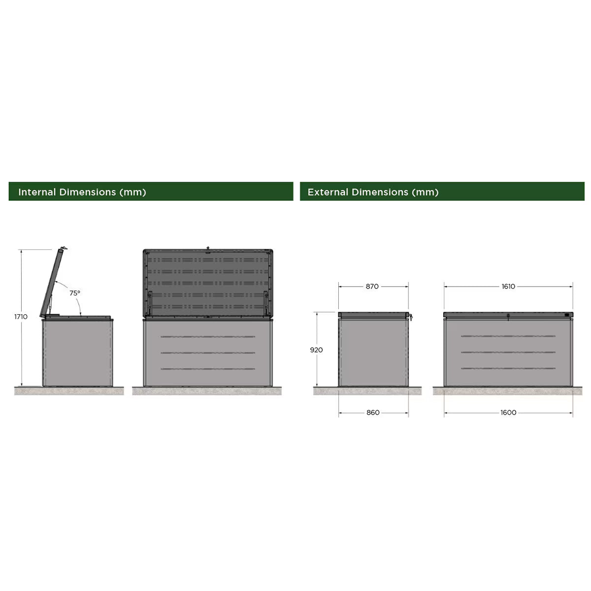 5Ft 2" X 2Ft 8" (1.6 X 0.8M) 1,200 Litre Steel Deck Box in Green