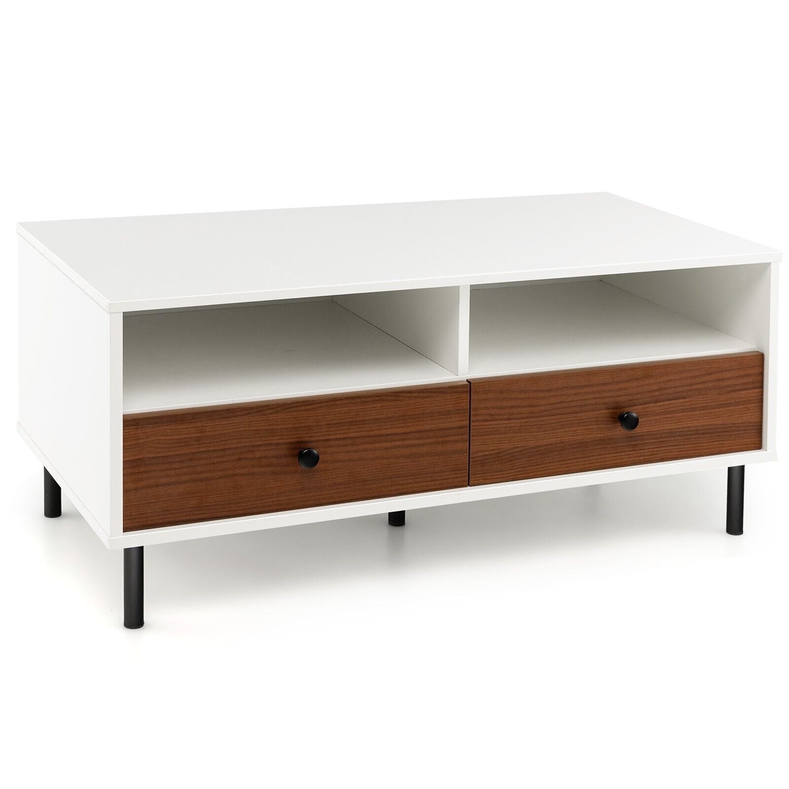 Modern Coffee Table Rectangle Side Table Woode Tea Table W/2 Drawers & 2 Shelves