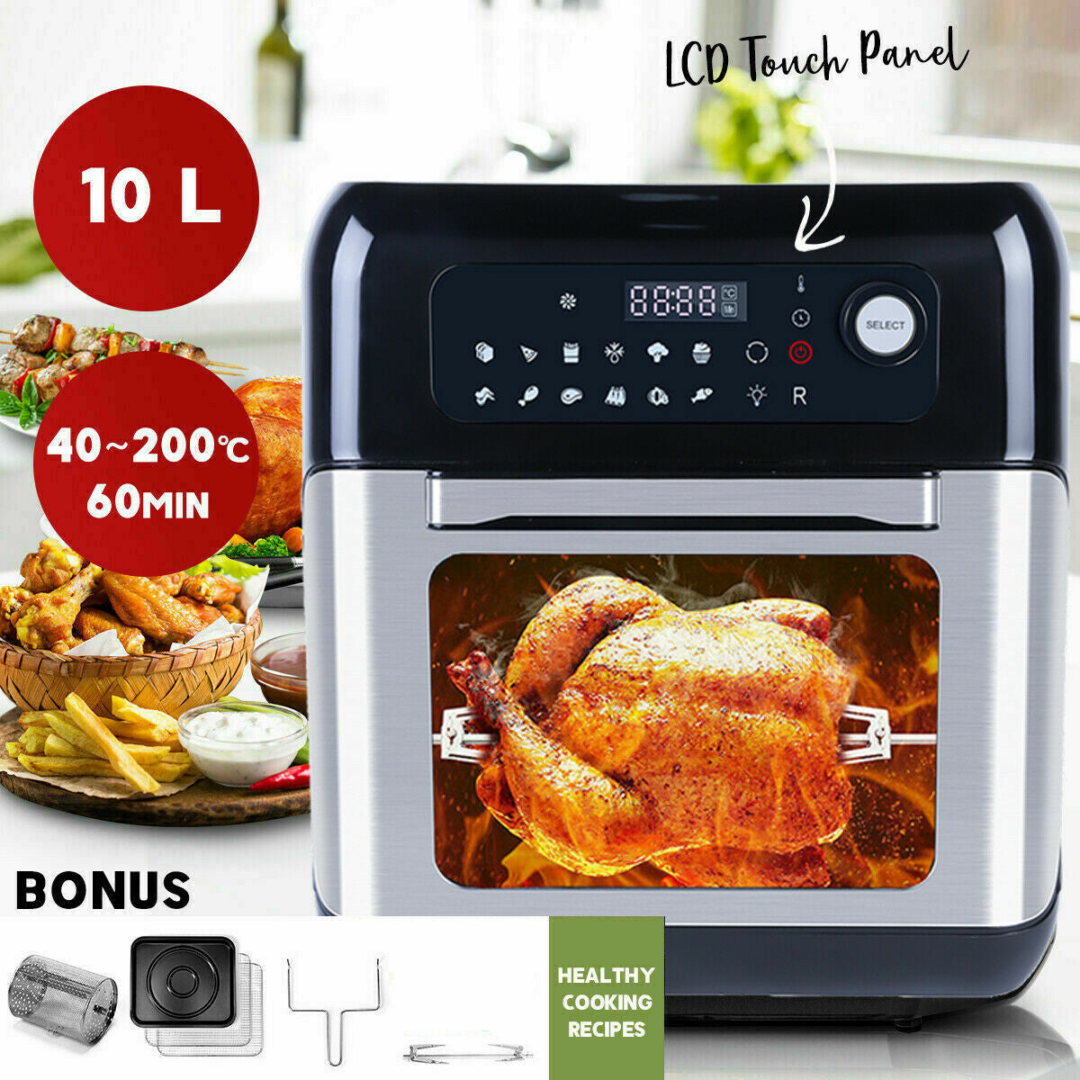 UTEN 10L 1500W Air Fryer Low Fat Healthy Cooker Oil Free Fry Oven Frying Chip XL