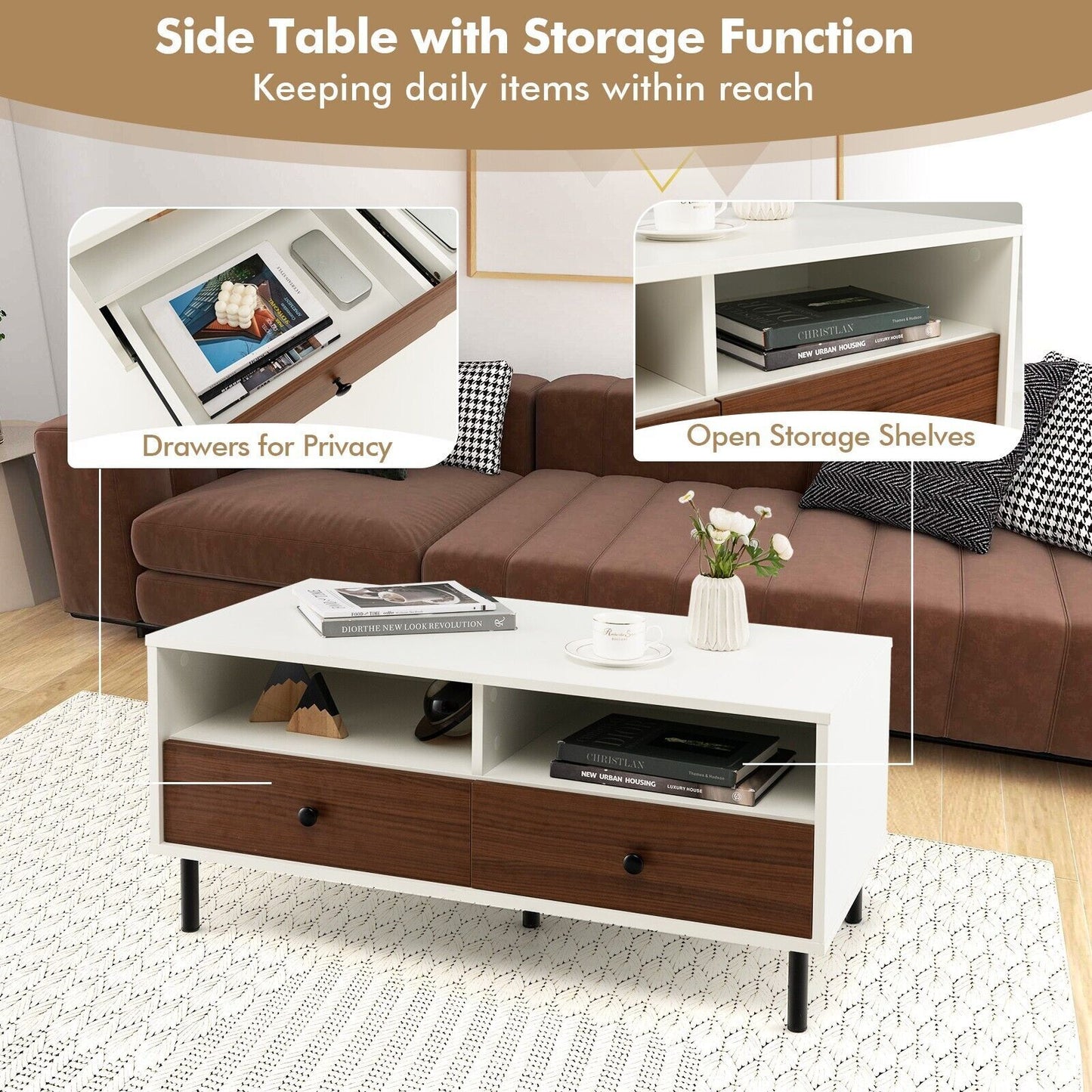 Modern Coffee Table Rectangle Side Table Woode Tea Table W/2 Drawers & 2 Shelves