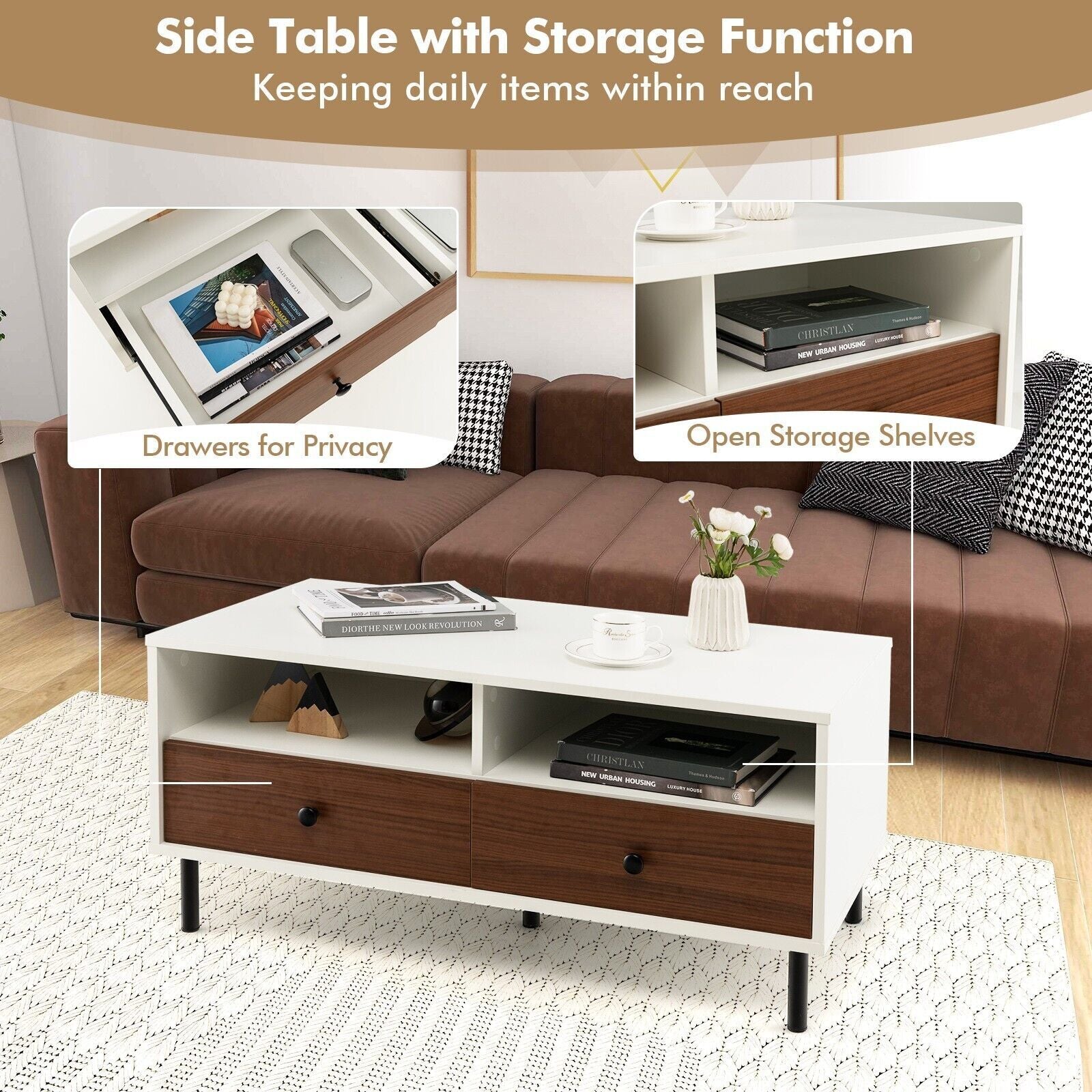Modern Coffee Table Rectangle Side Table Woode Tea Table W/2 Drawers & 2 Shelves