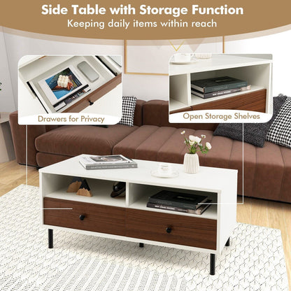 Modern Coffee Table Rectangle Side Table Woode Tea Table W/2 Drawers & 2 Shelves