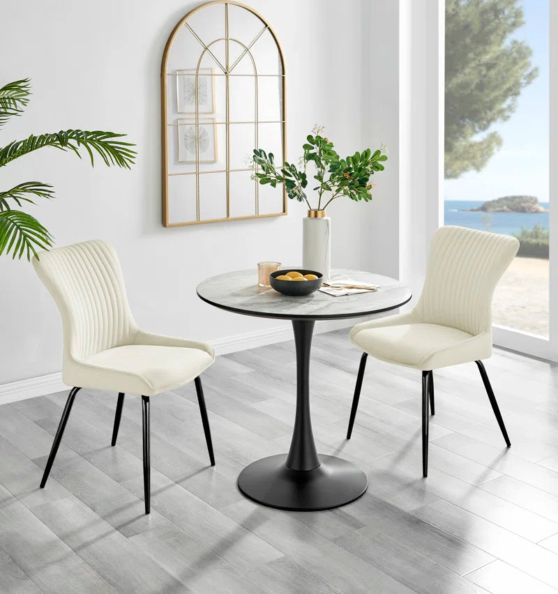 Eubanks 80cm Round Dining Table with White Marble Effect and 2 Velvet Chairs