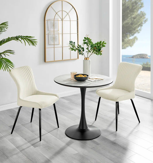Eubanks 80cm Round Dining Table with White Marble Effect and 2 Velvet Chairs