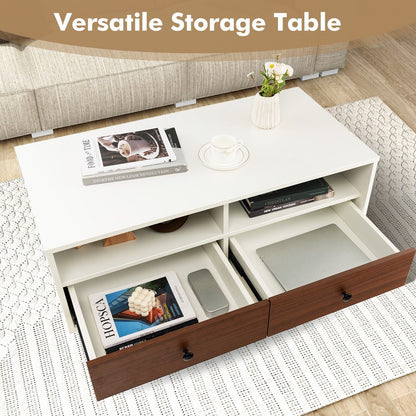 Modern Coffee Table Rectangle Side Table Woode Tea Table W/2 Drawers & 2 Shelves