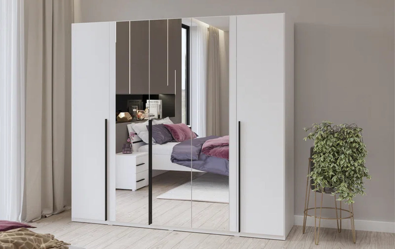 Mathyus 5-Door Mirrored, Wood Wardrobe