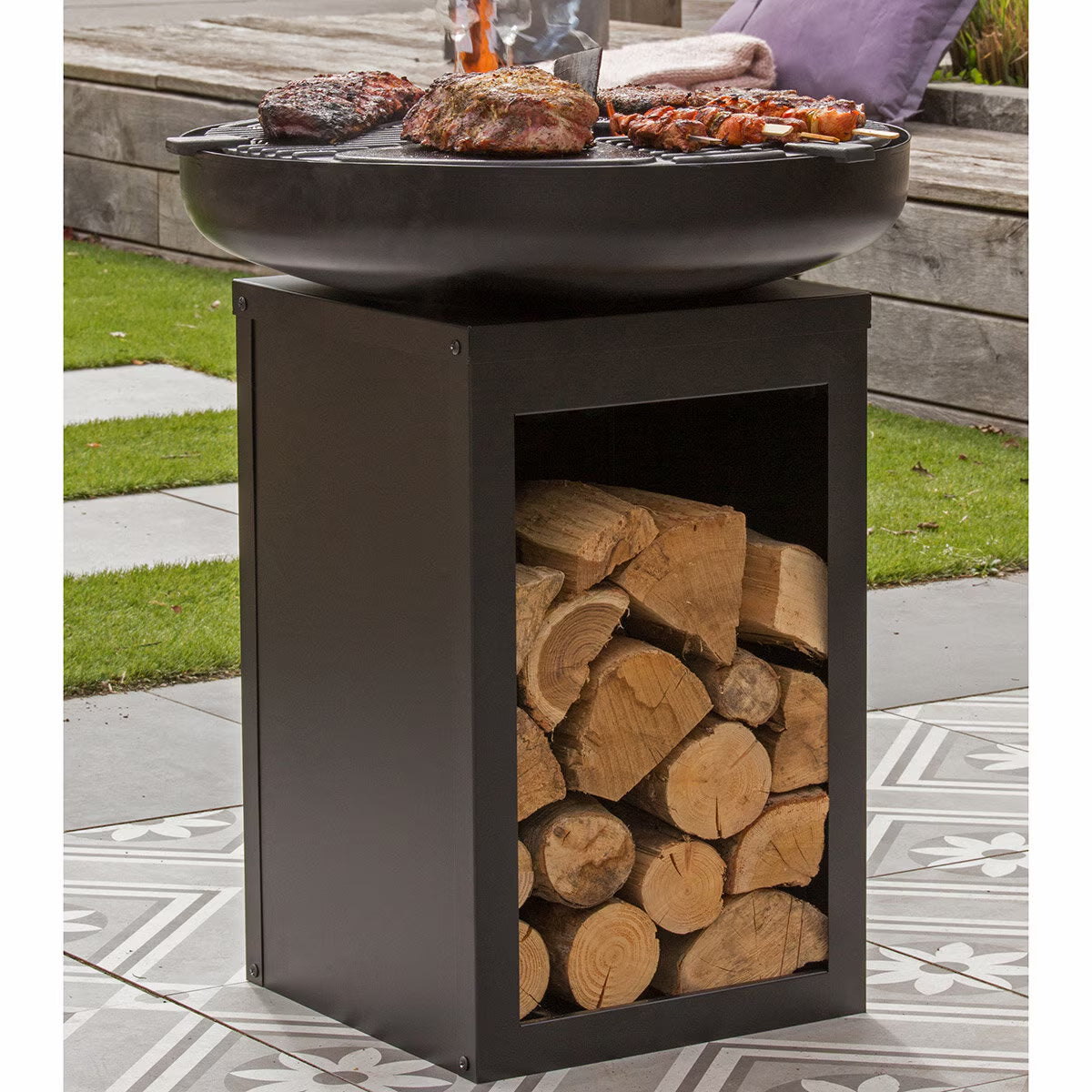 Mantanzas Wood Burning Fire Bowl with Grill and Wood Storage