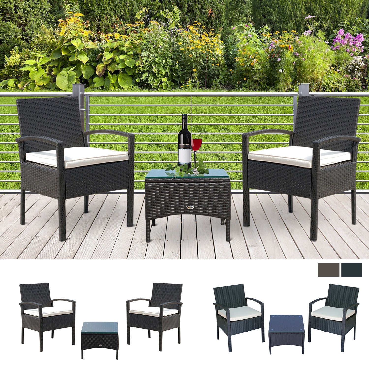 Rattan Bistro Set, 3 Pieces Garden Furniture Set with Cushions