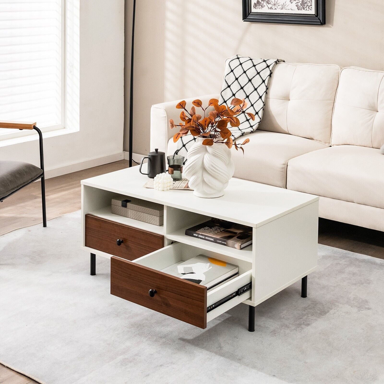 Modern Coffee Table Rectangle Side Table Woode Tea Table W/2 Drawers & 2 Shelves