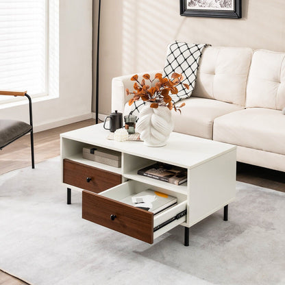 Modern Coffee Table Rectangle Side Table Woode Tea Table W/2 Drawers & 2 Shelves