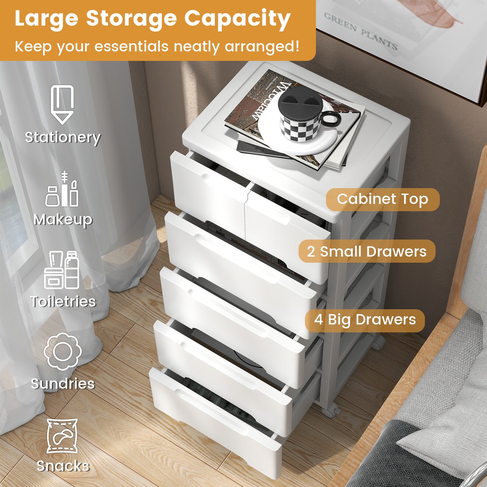 COSTWAY Rolling Storage Cabinet Vertical Storage Unit with 6 Drawers