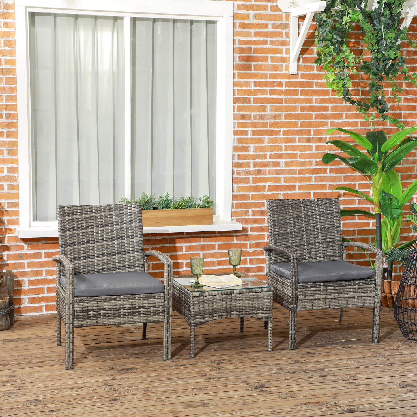 Rattan Bistro Set, 3 Pieces Garden Furniture Set with Cushions