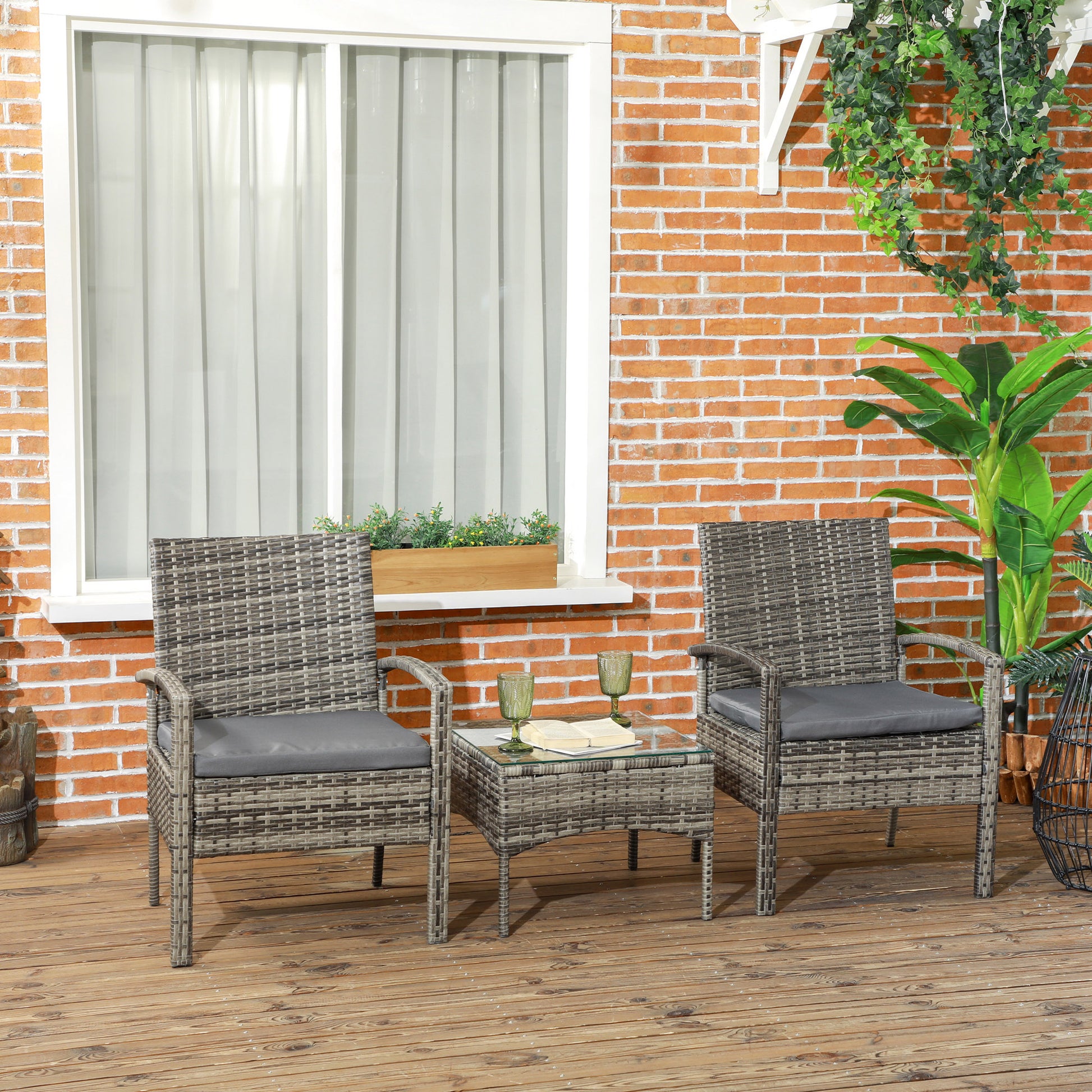 Rattan Bistro Set, 3 Pieces Garden Furniture Set with Cushions