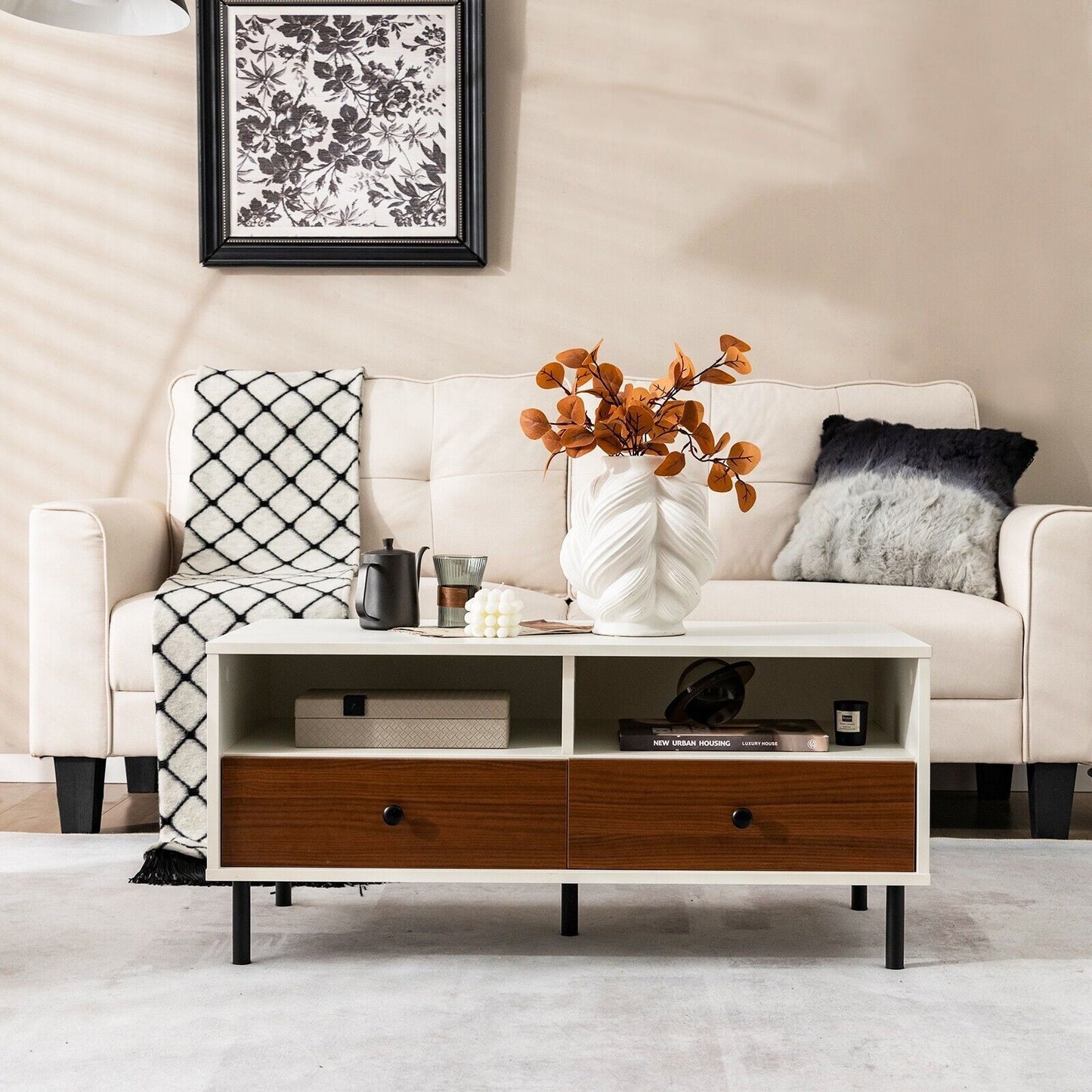 Modern Coffee Table Rectangle Side Table Woode Tea Table W/2 Drawers & 2 Shelves