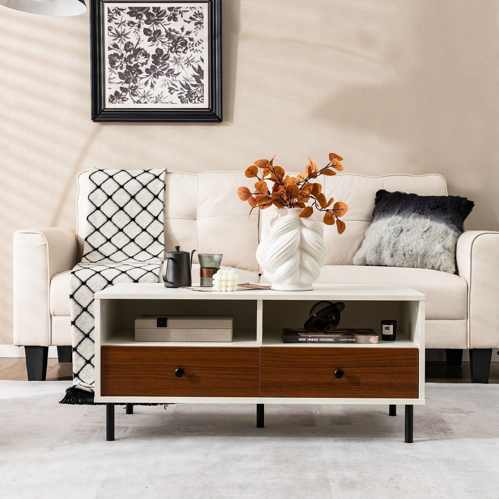 Modern Coffee Table Rectangle Side Table Woode Tea Table W/2 Drawers & 2 Shelves