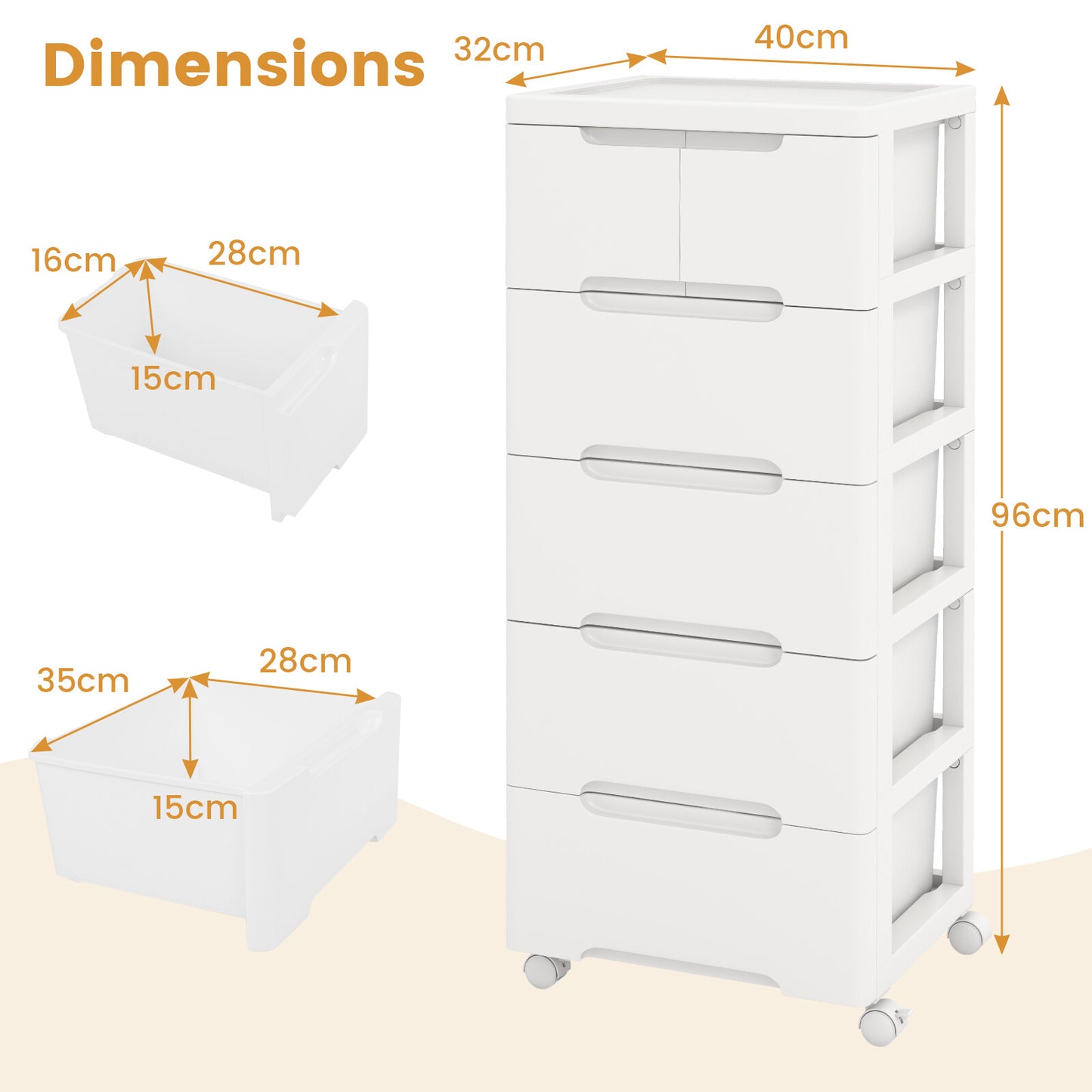 COSTWAY Rolling Storage Cabinet Vertical Storage Unit with 6 Drawers