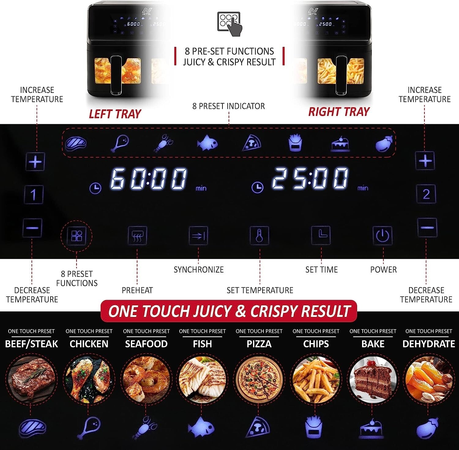 NETTA 8L Dual Basket Low Energy Air Fryer with Digital Smart Programmes