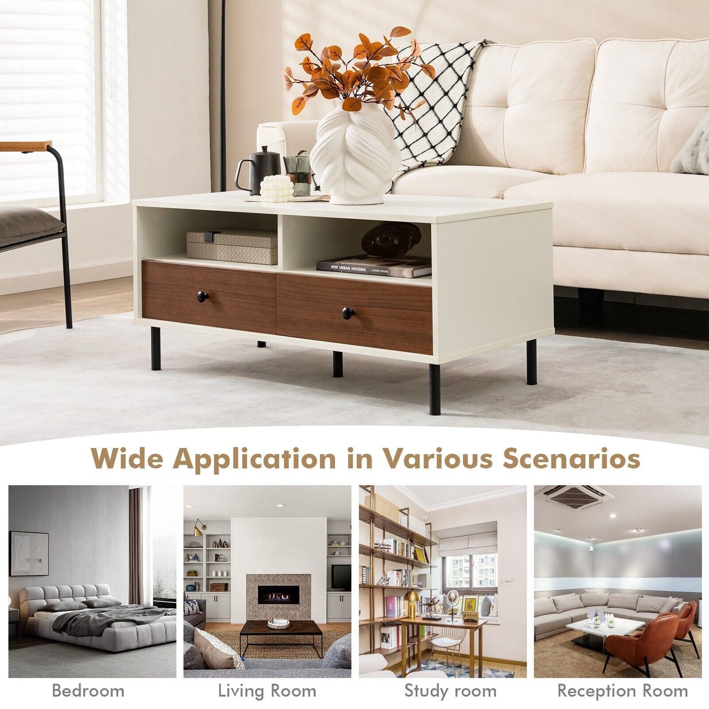 Modern Coffee Table Rectangle Side Table Woode Tea Table W/2 Drawers & 2 Shelves
