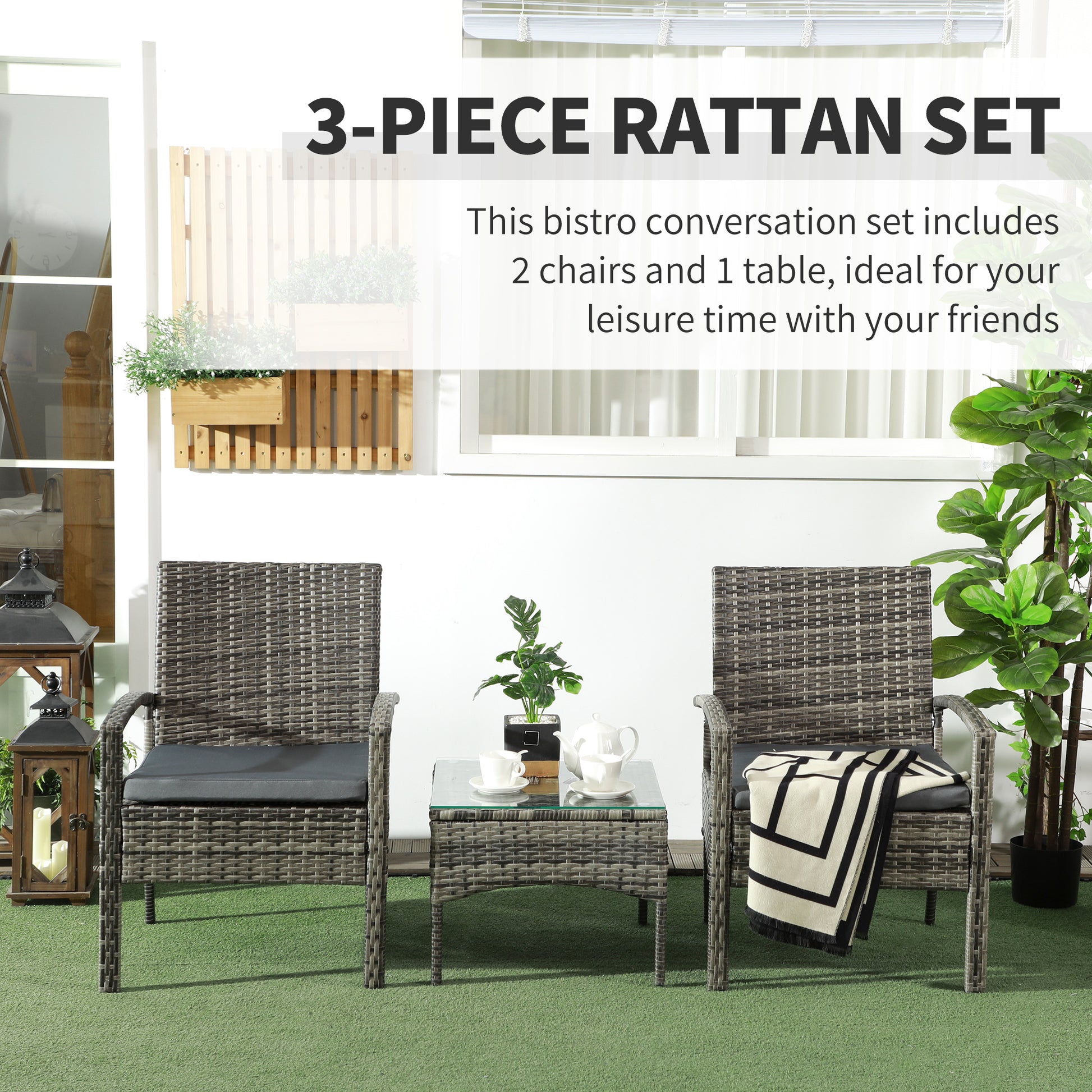 Rattan Bistro Set, 3 Pieces Garden Furniture Set with Cushions