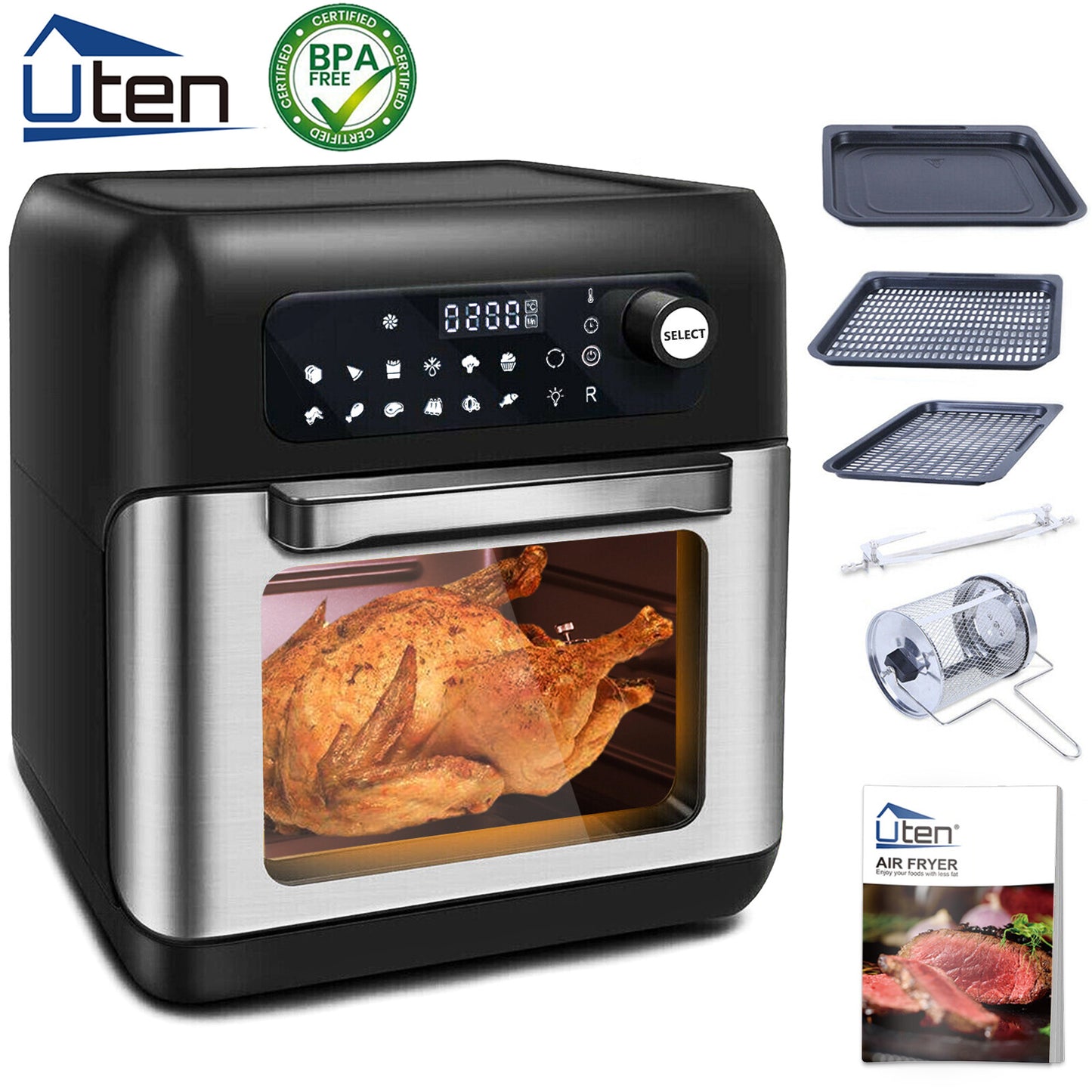 UTEN 10L 1500W Air Fryer Low Fat Healthy Cooker Oil Free Fry Oven Frying Chip XL