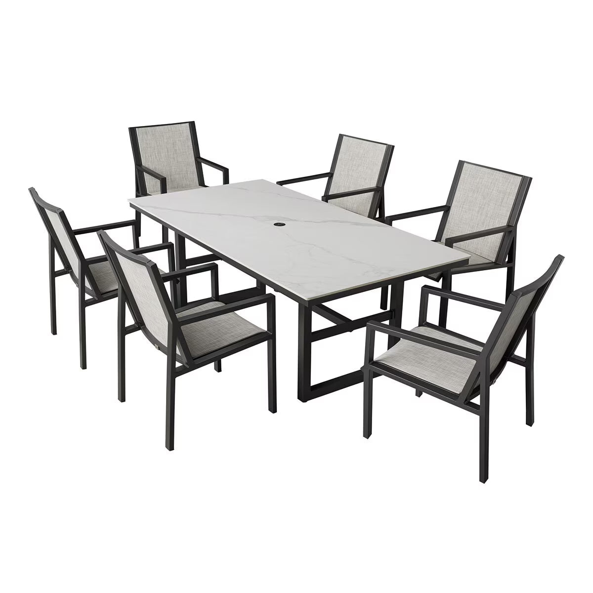 7 Piece Sling Dining Patio Set with Sintered Stone Table Top + Cover