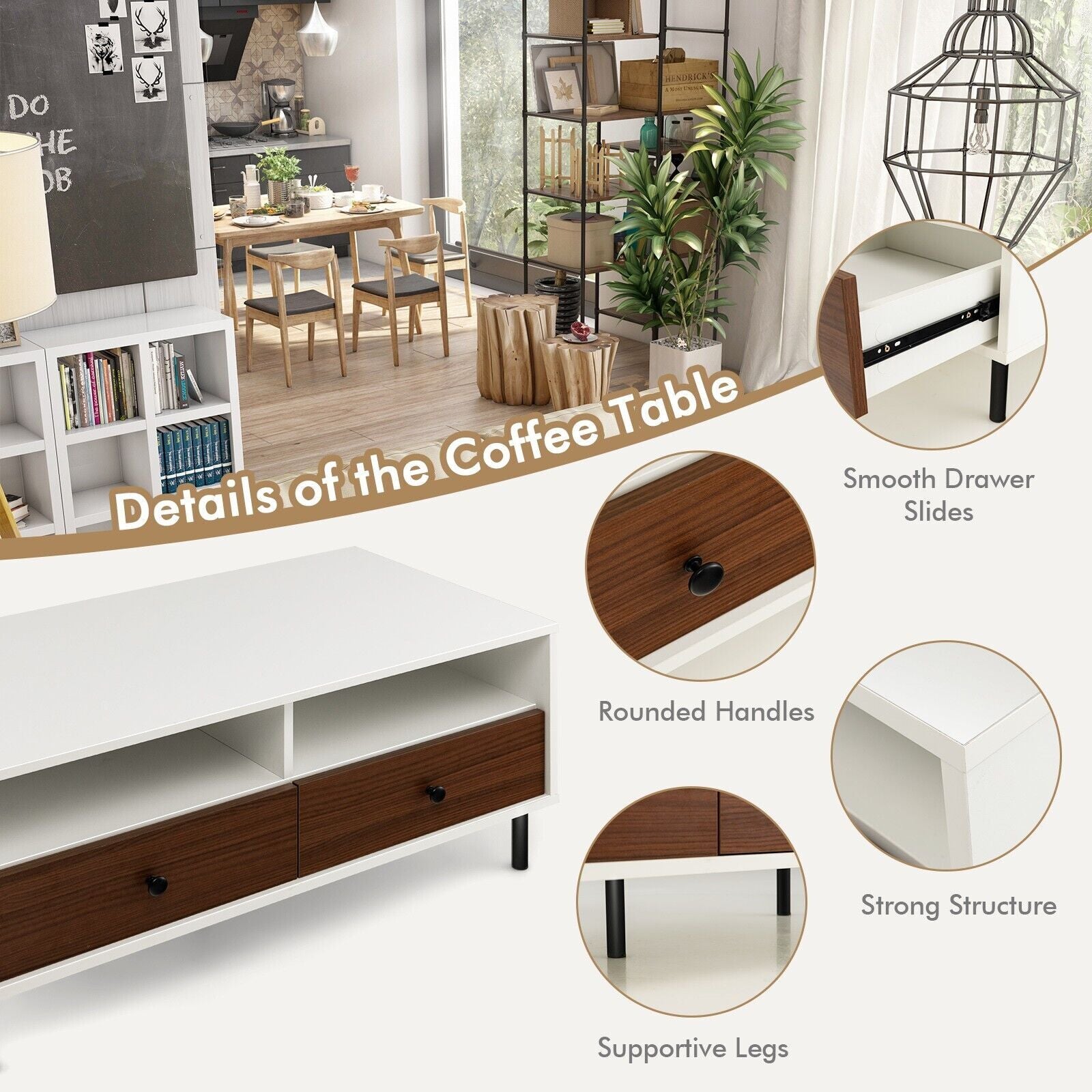 Modern Coffee Table Rectangle Side Table Woode Tea Table W/2 Drawers & 2 Shelves