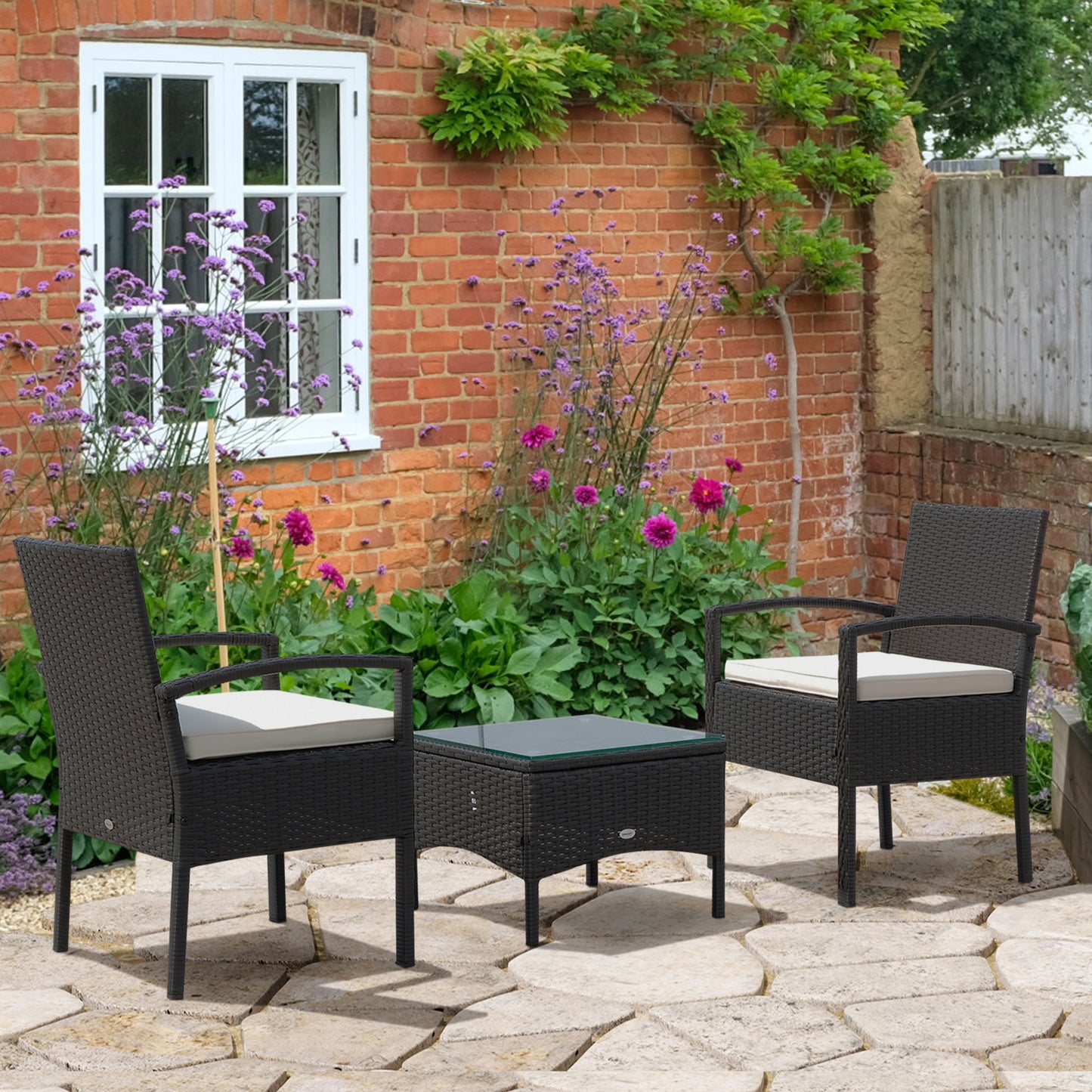 Rattan Bistro Set, 3 Pieces Garden Furniture Set with Cushions