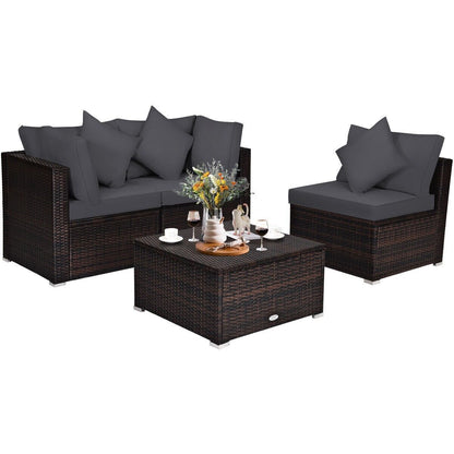 4 PCS Rattan Patio Conversation Set Outdoor Furniture Sofa Set W/ Coffee Table