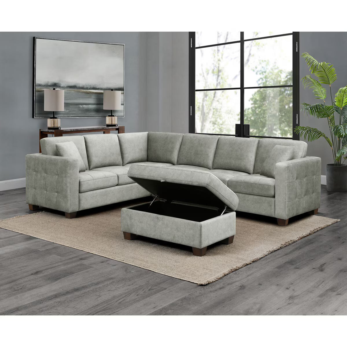 Kylie Grey Fabric Sectional Sofa with Storage Ottoman