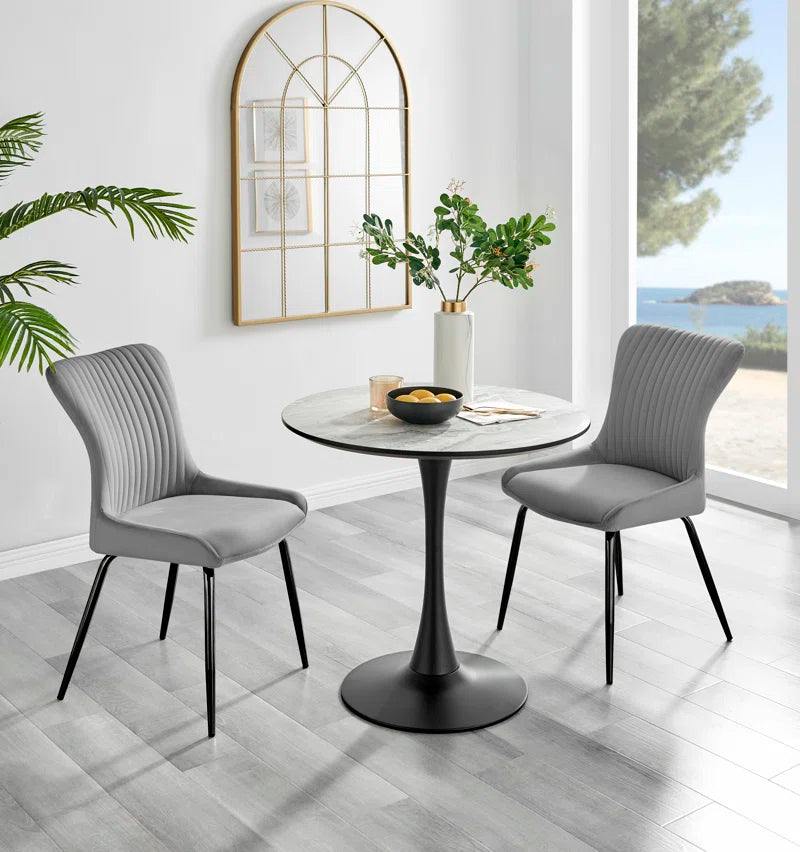 Eubanks 80cm Round Dining Table with White Marble Effect and 2 Velvet Chairs