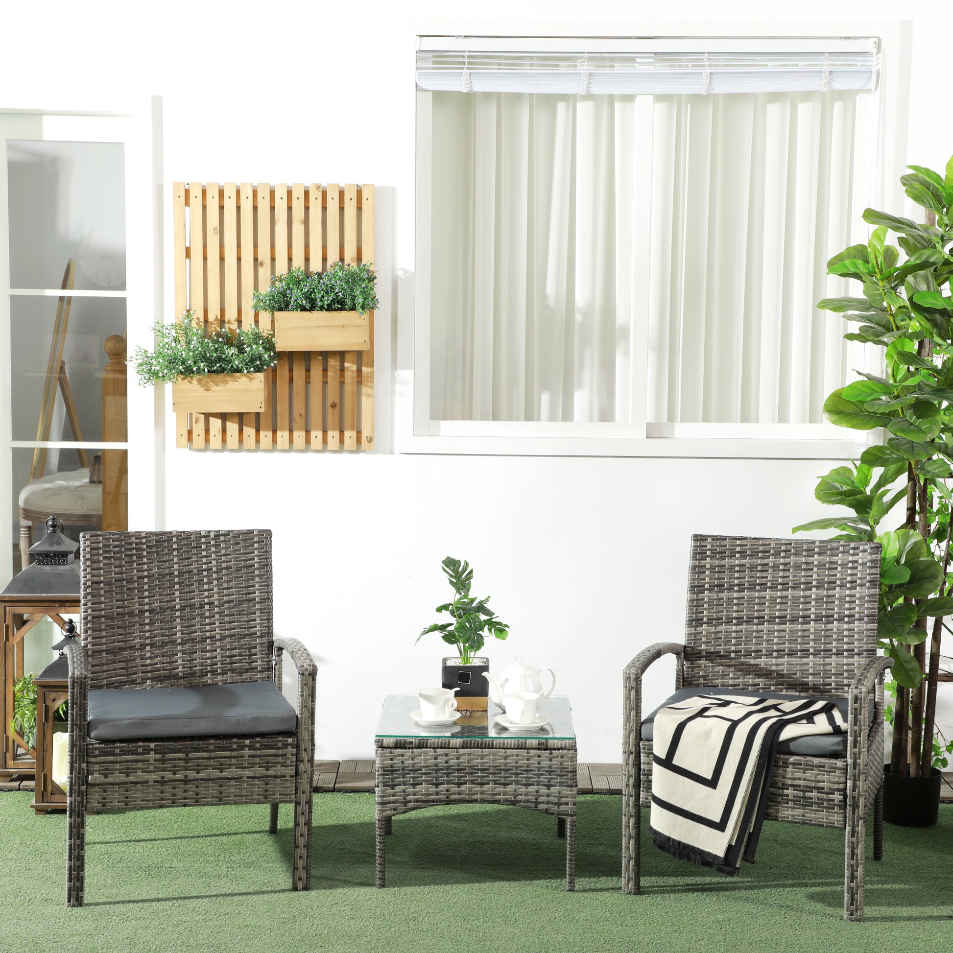Rattan Bistro Set, 3 Pieces Garden Furniture Set with Cushions