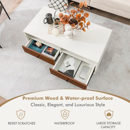 Modern Coffee Table Rectangle Side Table Woode Tea Table W/2 Drawers & 2 Shelves