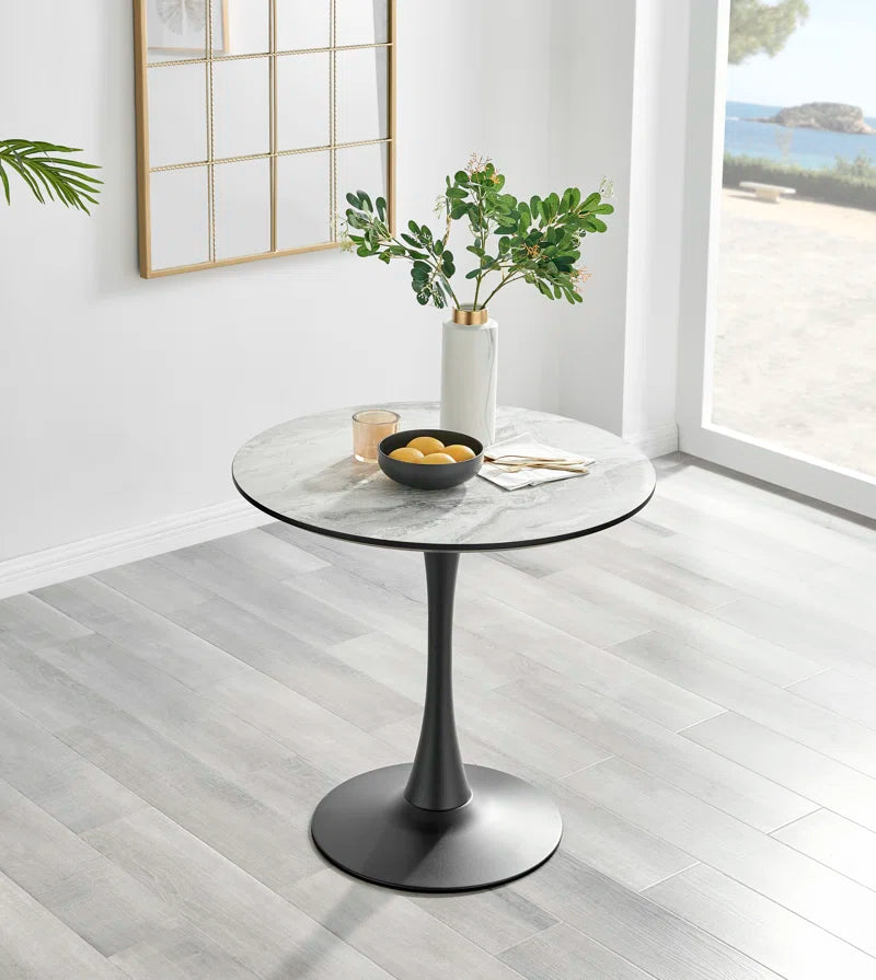 Eubanks 80cm Round Dining Table with White Marble Effect and 2 Velvet Chairs